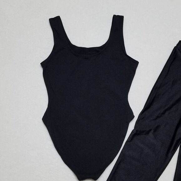 Vintage 1980s Black Aerobics Cropped Tights Leggings High Rise Bodysuit Set Med - Picture 9 of 14